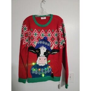 Mens Red Cow Beanie Hat Lights Light Up Colors Christmas Holiday Sweater Medium